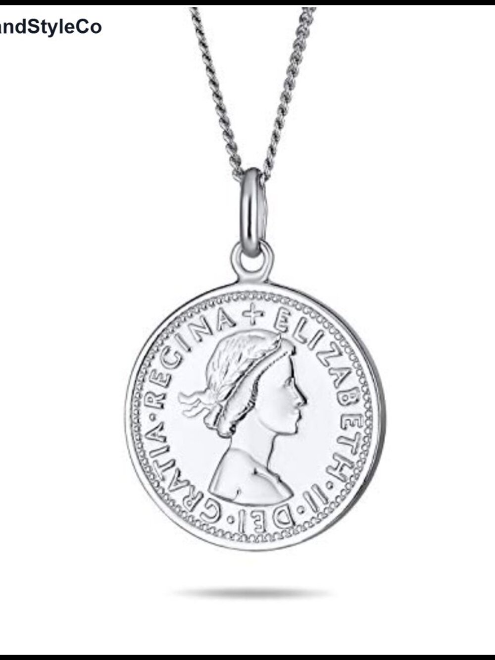 Sterling Silver Vintage Coin Medallion Pendant Necklace Queen Elizabeth Chain